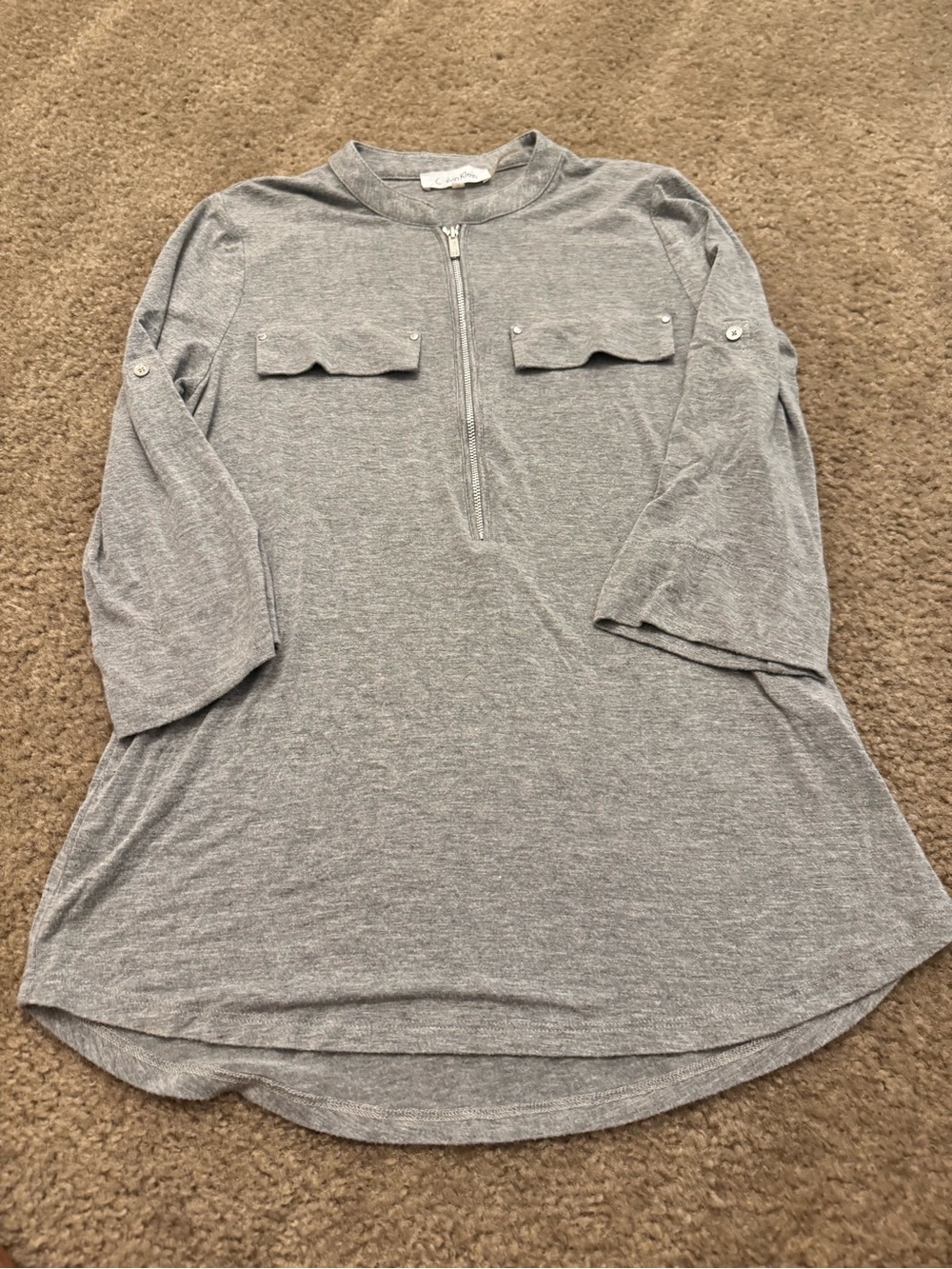 Calvin Klein Heather Gray Zip-Front Tunic with Pocket Flaps